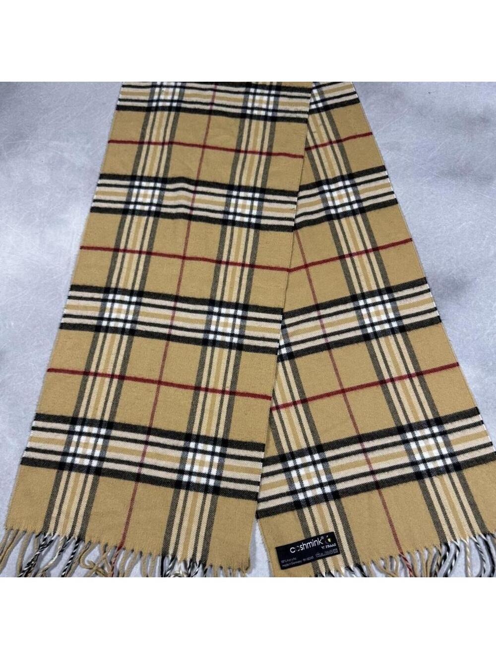 V. Fraas Cashmink Camel Plaid Scarf Made in Germany Preppy Fringe